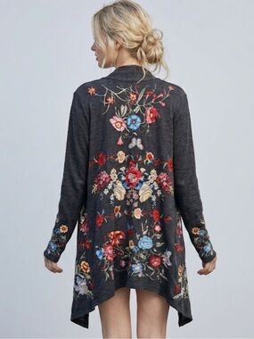 Johnny Was Floral Shixuo Wrap Embroidered Open Cardigan Charcoal Gray Small